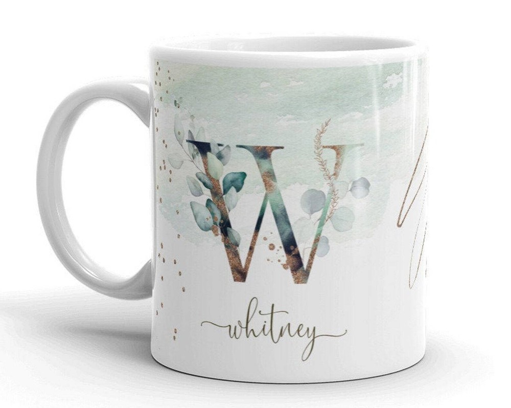 Personalized Name & Initial Letter Monogram Leafy Floral Alphabet Mug For Mo