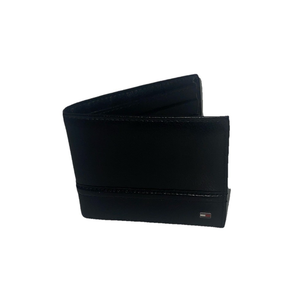 TOMMY HILFIGER Mens Black Leather Wallet 6 Credit Card Slots RFID