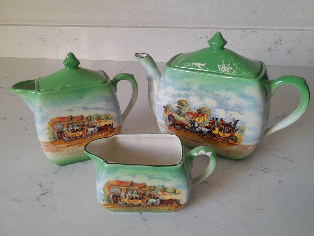 Rare Vintage 3 Piece Coffee Tea Set Dickens Days Empire Ware Green England