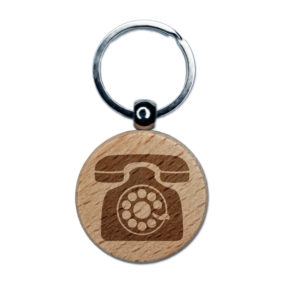Rotary Dial Phone Engraved Wood Round Keychain Tag Charm