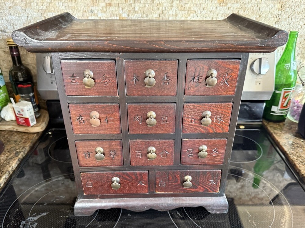 VINTAGE ASIAN APOTHECARY CHEST ELEVEN-DRAWER WOODEN JEWELRY Trinket STAND KOREA