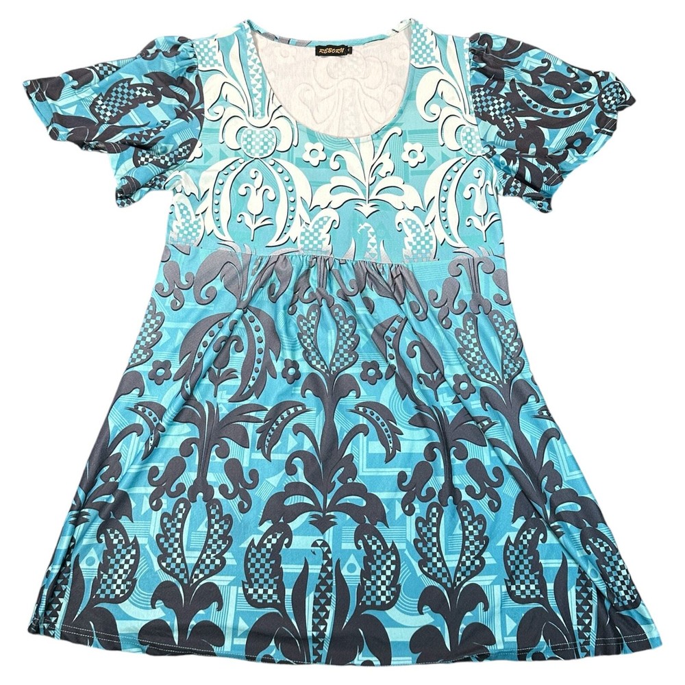 Reborn Dress Womens 1X Blue Damask Print Short Sleeve Pullover Summer Tunic Mini