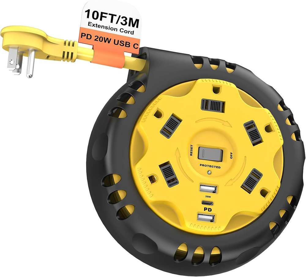 Retractable Power Strip Extension Cord Reel with USB C PD 20W, Flat Plug Power S