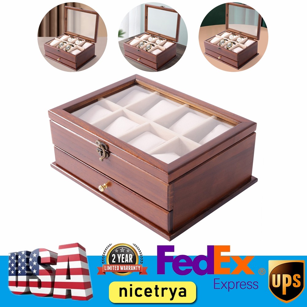 2 Layers Wooden Watch Box Storage Holder Case Organizer Jewelry Display Drawer
