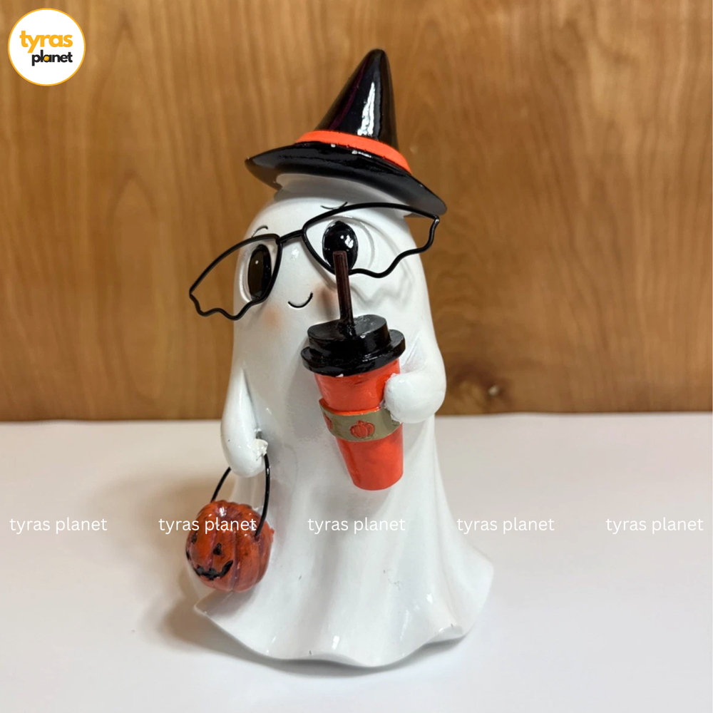 Super Cute Nerd Ghost Figurine With Pumpkin Latte, Glasses SUMMERWEEN