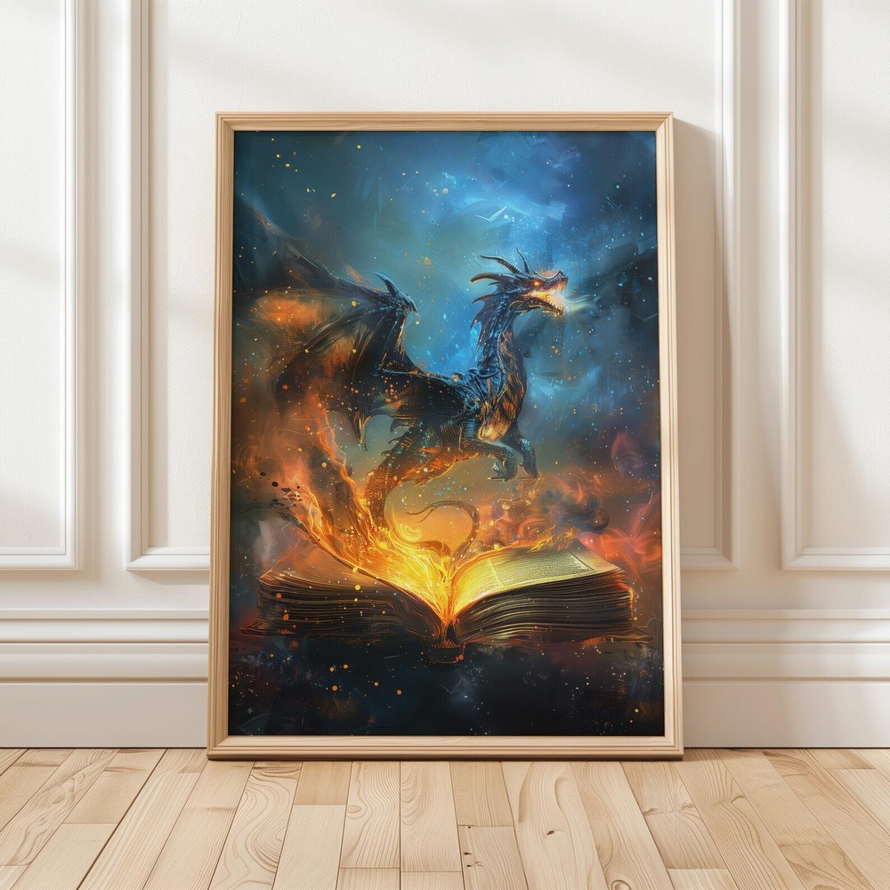 Fiery Dragon Fantasy Art Print for Book Lovers Enchanting Wall Decor