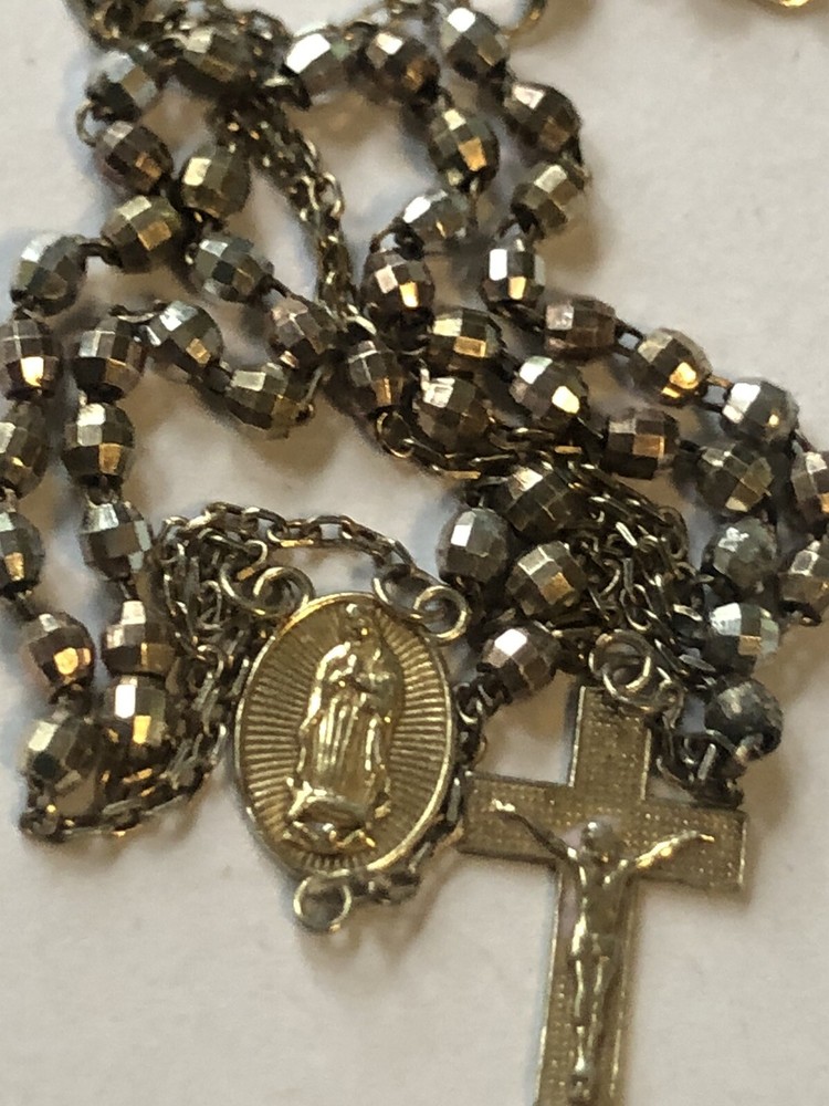 Vintage sterling Silver 925 & Gold Plate Rosary Necklace Christian Cross