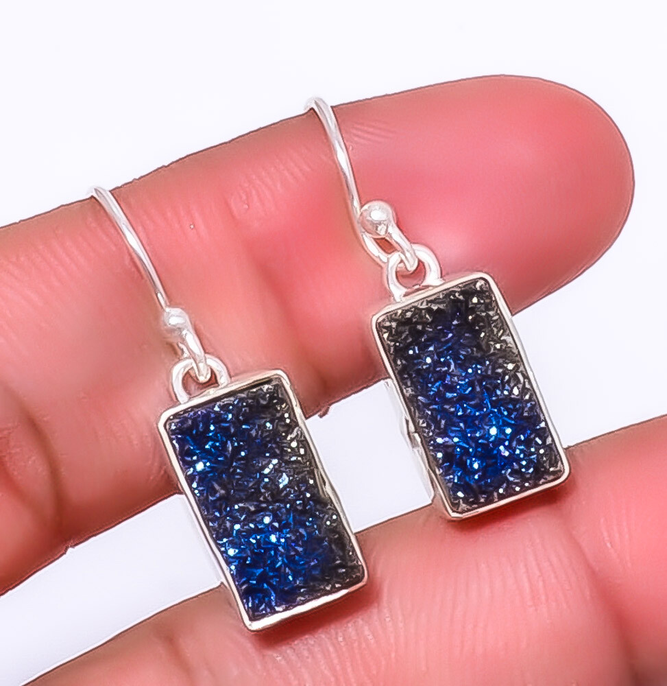 Titanium Blue Agate Drusy 925 Sterling Silver Jewelry Earring 1.17