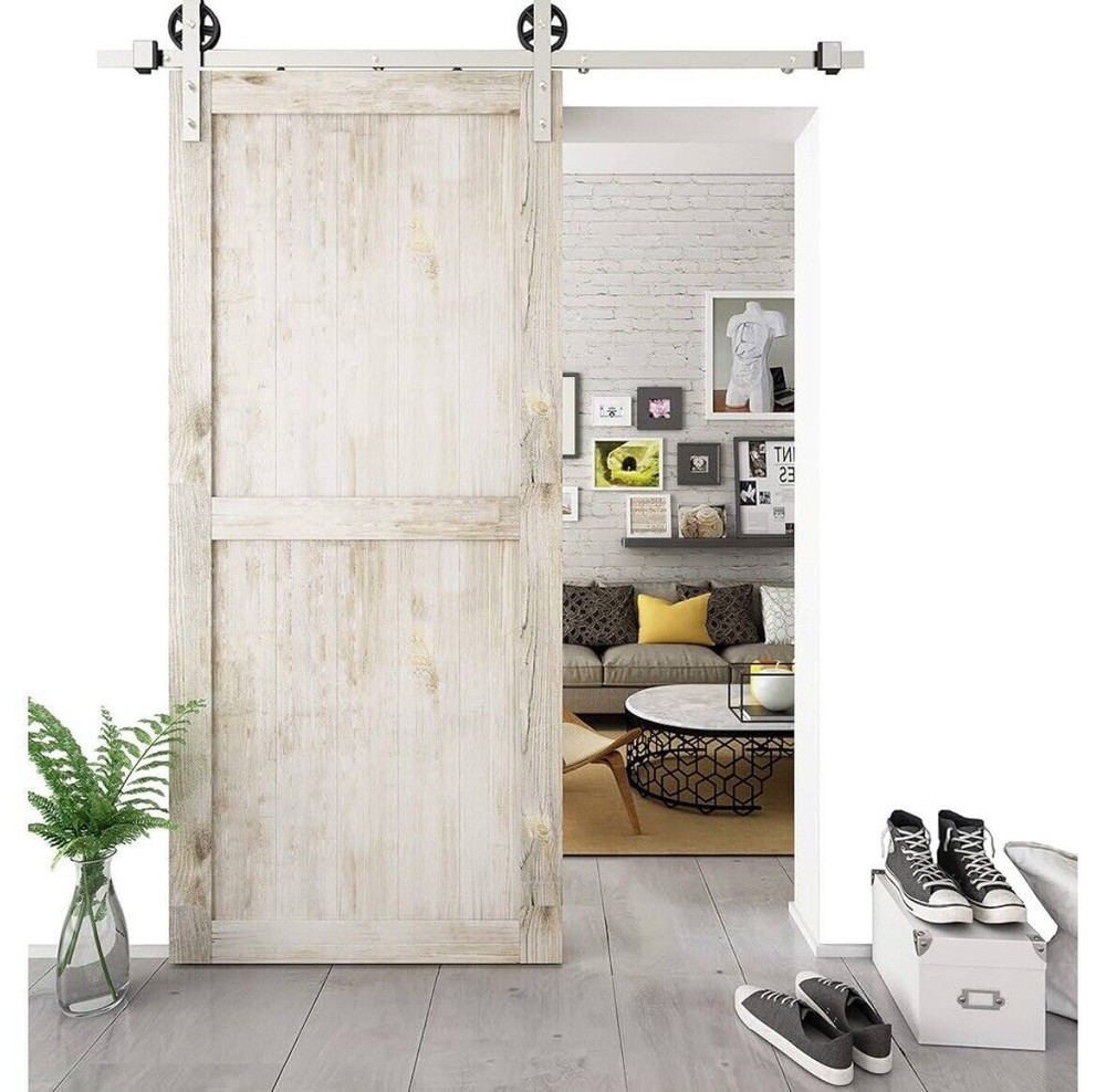 Brushed Nickel 8ft Steel Sliding Barn Door Hardware Kit by DIYHD TSQ15SN