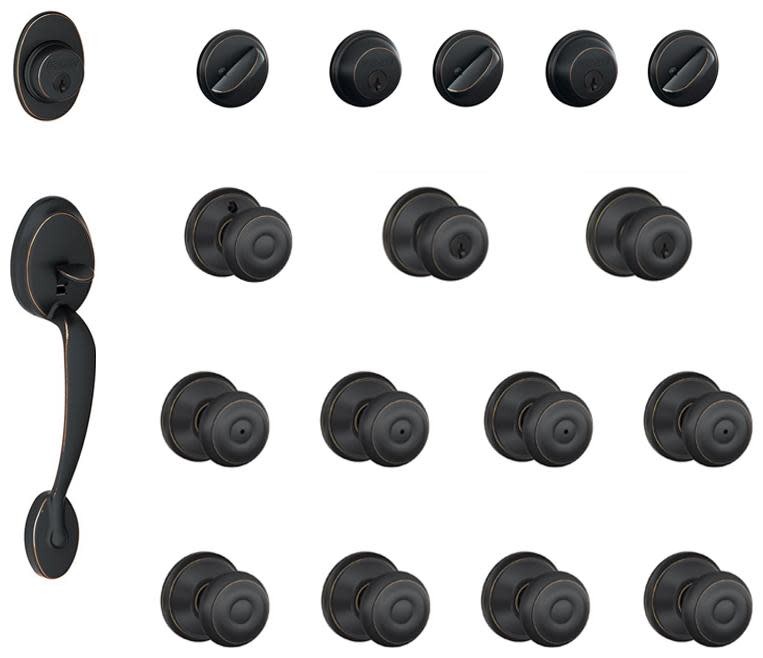 Schlage F500-PLY-GEO Plymouth Bronze Complete House Door Hardware Set