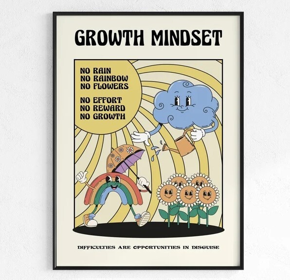 Retro Growth Mindset Poster - No Rain No Rainbow Motivational Print for Home or Office