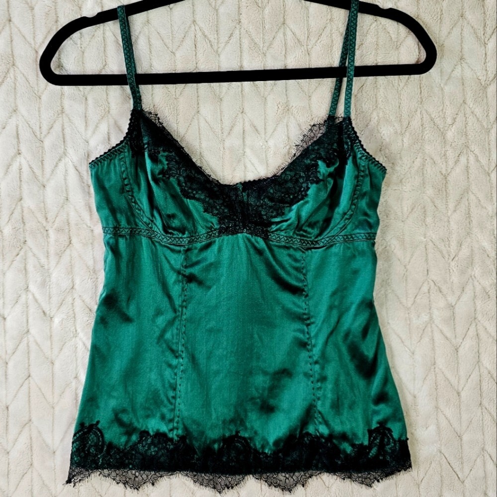 Elie Tahari Silk Camisole Womens XS Y2K Lace Trim Corporate Goth Satin Green Top