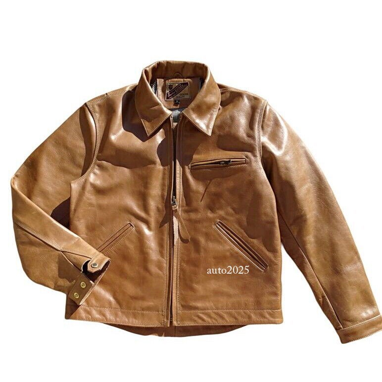Mens Vegetable Tanned Cowhide Leather American Vintage Style Cargo Biker Jacket