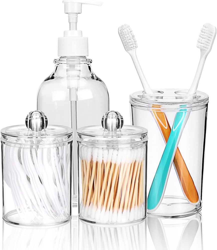 Fixwal 4-Piece Bathroom Soap Dispenser Set, Dispenser, Toothbrush Clear