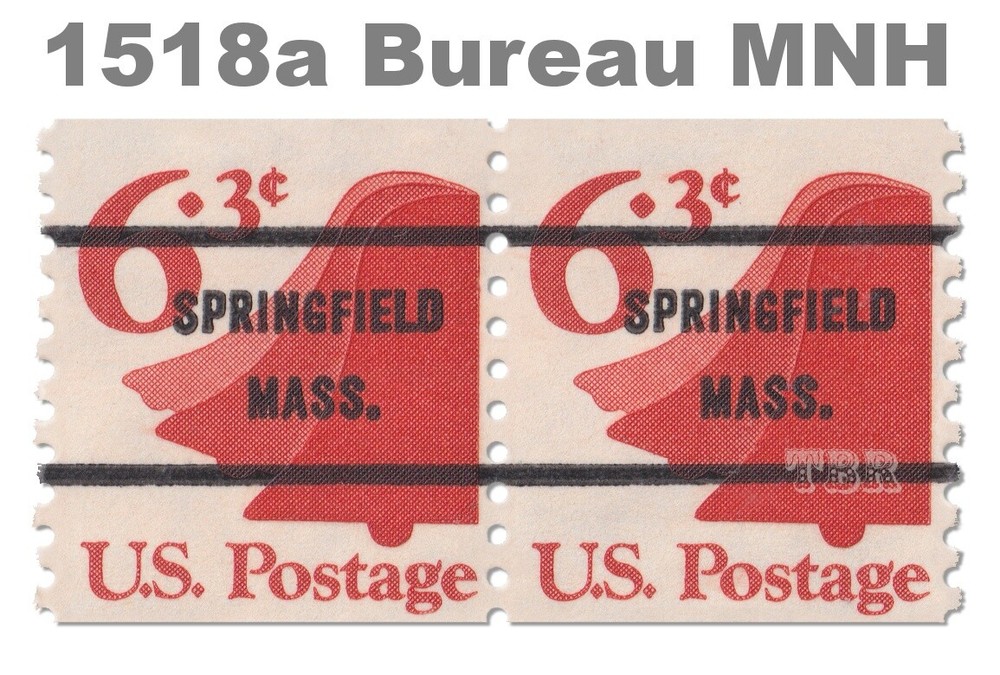 1518a Bell 6.3c Untagged SPRINGFIELD MA Bureau Precancel Pair 1974 MNH - Buy Now-image