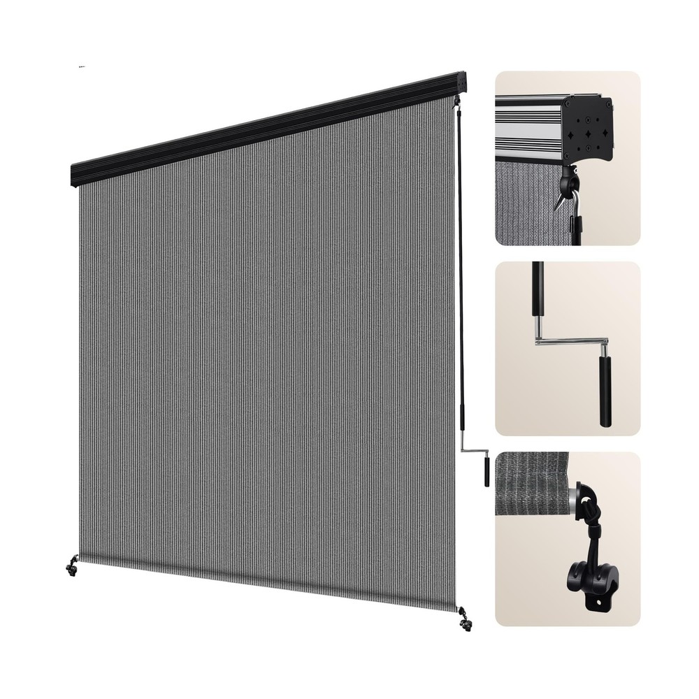 Artpuch Outdoor Roller Shade 8' W x 8' H Gray Blackout Fabric Blind with Alum...