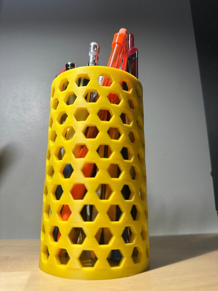 3D Printed Pen/pencil Holder. 3d printed container. Yellow with hexagon shapes