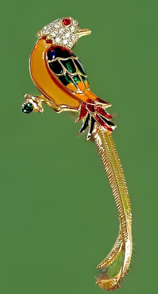 Vintage Jelly Belly Parrot Brooch with Rhinestones and Enamel Design