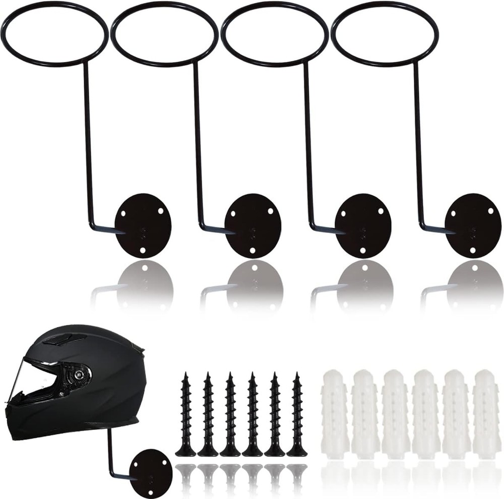TIHOOD 4-Piece Black Metal Helmet Holder Wall Mount Rack Stand