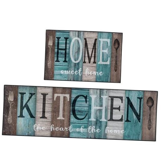 Farmhouse Turquoise Non-Skid Kitchen Rugs Rustic Teal Brown Mats