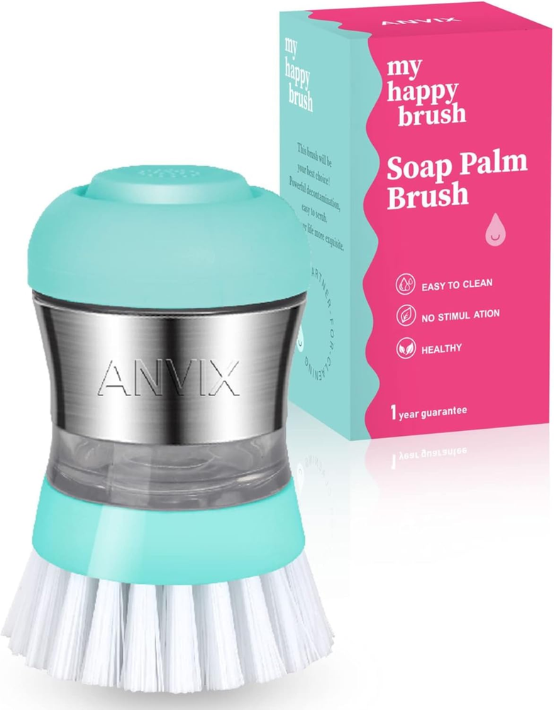 Soap Dispensing Palm Brush – Ergonomic Scrub Brush with Handle – Heavy-Duty Dish