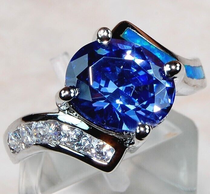 3CT Treated Sapphire with Australian Opal Inlay 925 Sterling Silver Ring Size 6 BA2