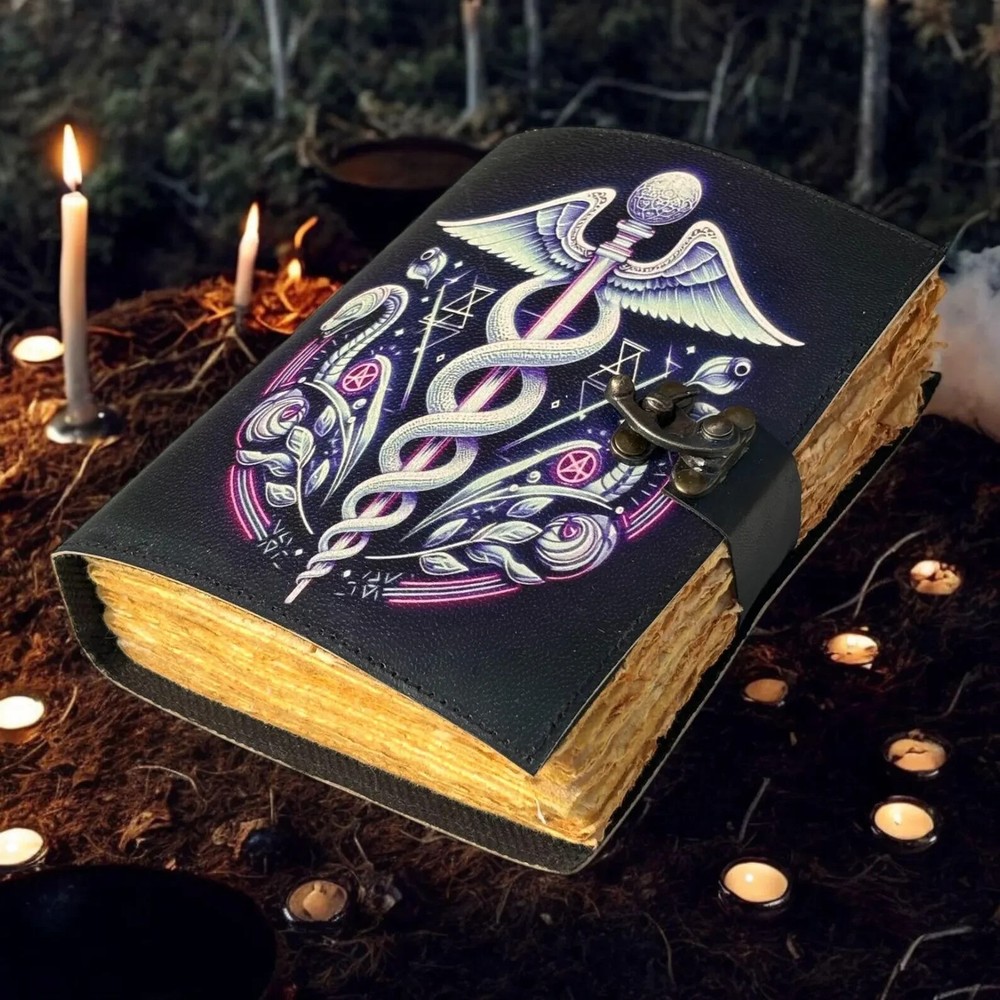Gothic Leather Journal with Snake Grimoire Print - Vintage Handmade Notebook