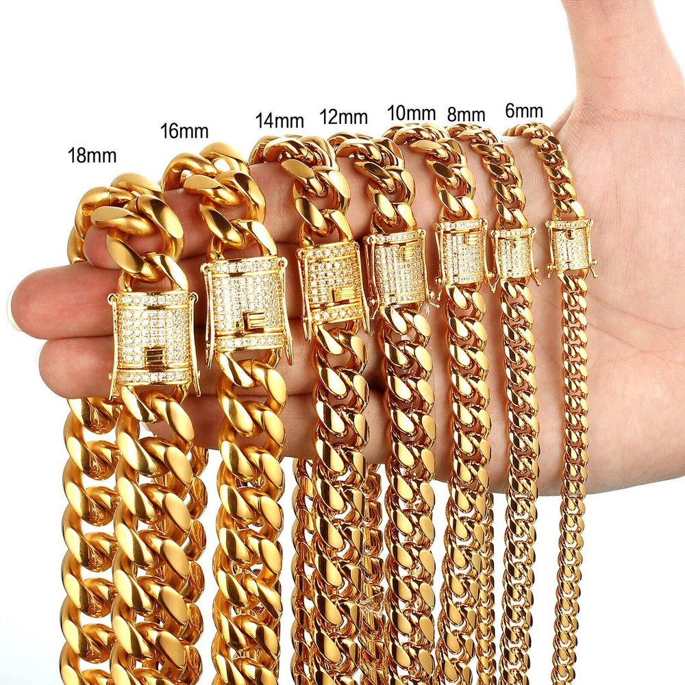 Stainless Steel 7.5-30 Inch Cuban Link Chain 18K Gold Plated Necklace