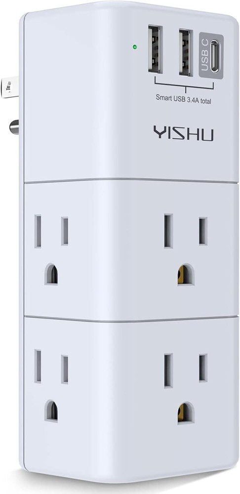 USB Multi Plug Outlet Extender - YISHU Surge Protector with Rotating Plug, 6 AC