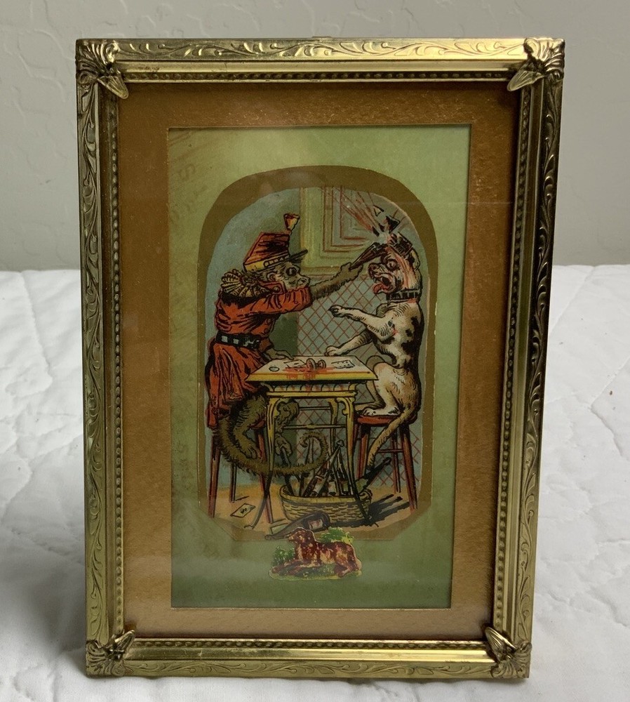 Antique Framed Victorian Trade Card Ephemera, Whimsical Monkey & Dog At Table
