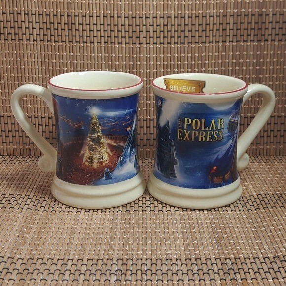 Warner Bros Polar Express 3D Ceramic Mug Set Blue Ivory for Coffee Tea Hot Chocolate