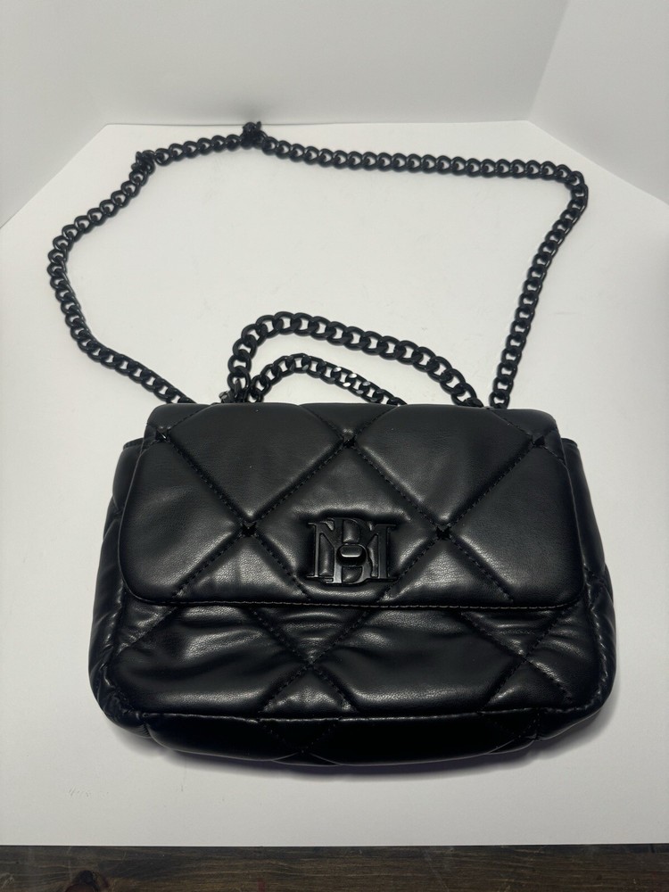 Badgley Mischka Black Vegan Leather Quilted Stud Shoulder Bag with Chain Strap