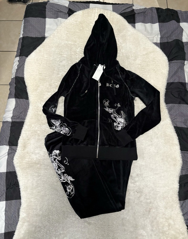 BCBG Max Azria Black Silver Embellish Velour Set Sweat Pants Hoodie Medium Y2K