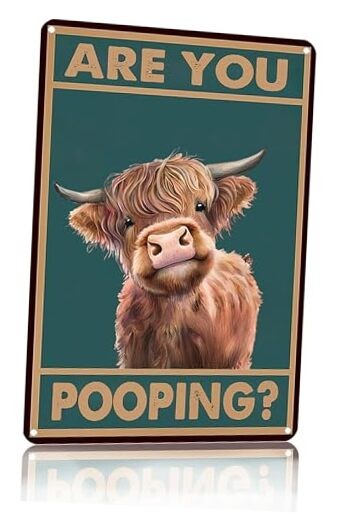 Vintage Highland Cow Bathroom Tin Sign - Funny Are You Pooping Wall Art Decor
