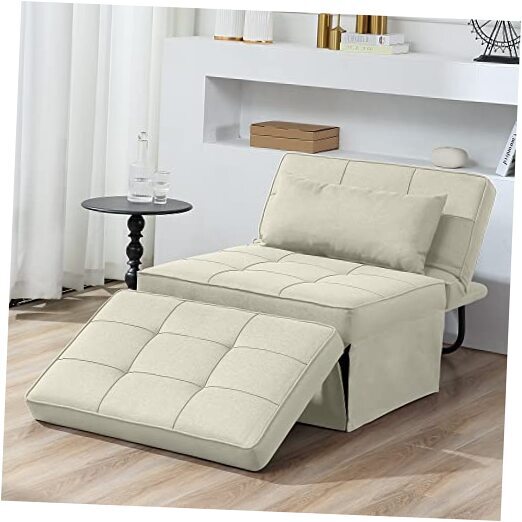 Sofa Bed, 4 in 1 Multi-Function Folding Ottoman Breathable Linen Couch White
