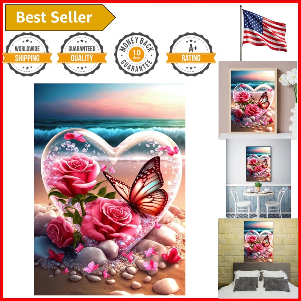 DIY 5D Crystal Gem Painting Kit - Heart & Butterflies Design for Adults, 12x16