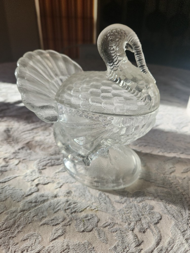 Clear Glass Thanksgiving Holiday Turkey Serving Bowl Candy Dish w/ Lid LE Smith