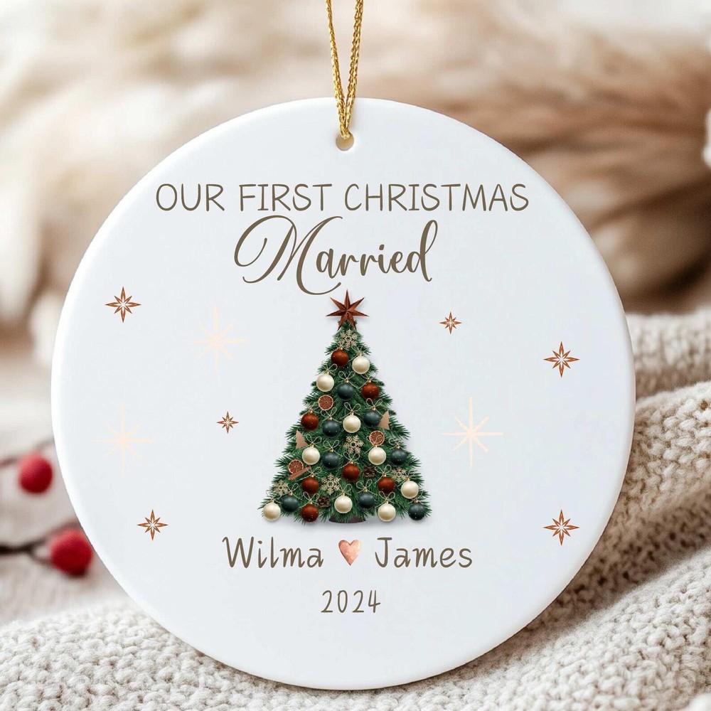 Christmas Engagement Ceramic Ornament for Newlyweds – Perfect First Christmas Gift for Wedding Couples