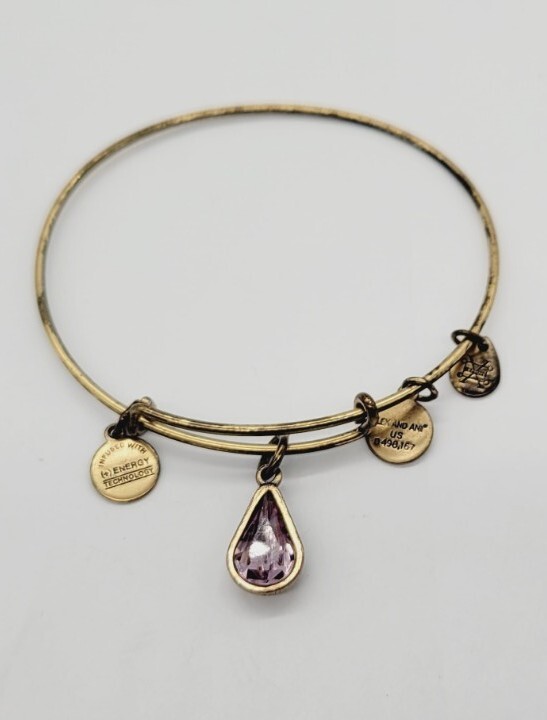 Alex & Ani Charm Bangle Bracelet Pink Teardrop Rhinestone Gold tone