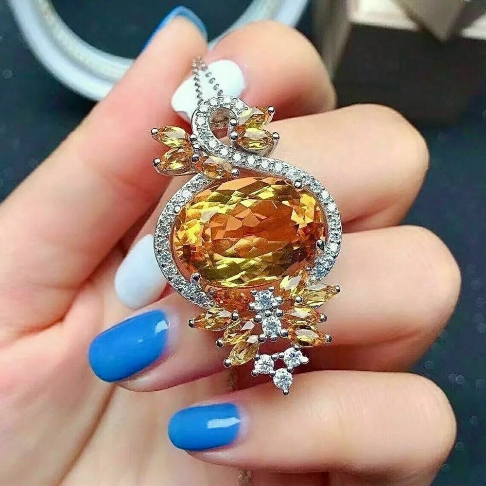 3Ct Oval Simulated Citrine Pendant in 14K White Gold with 18-Inch Free Chain