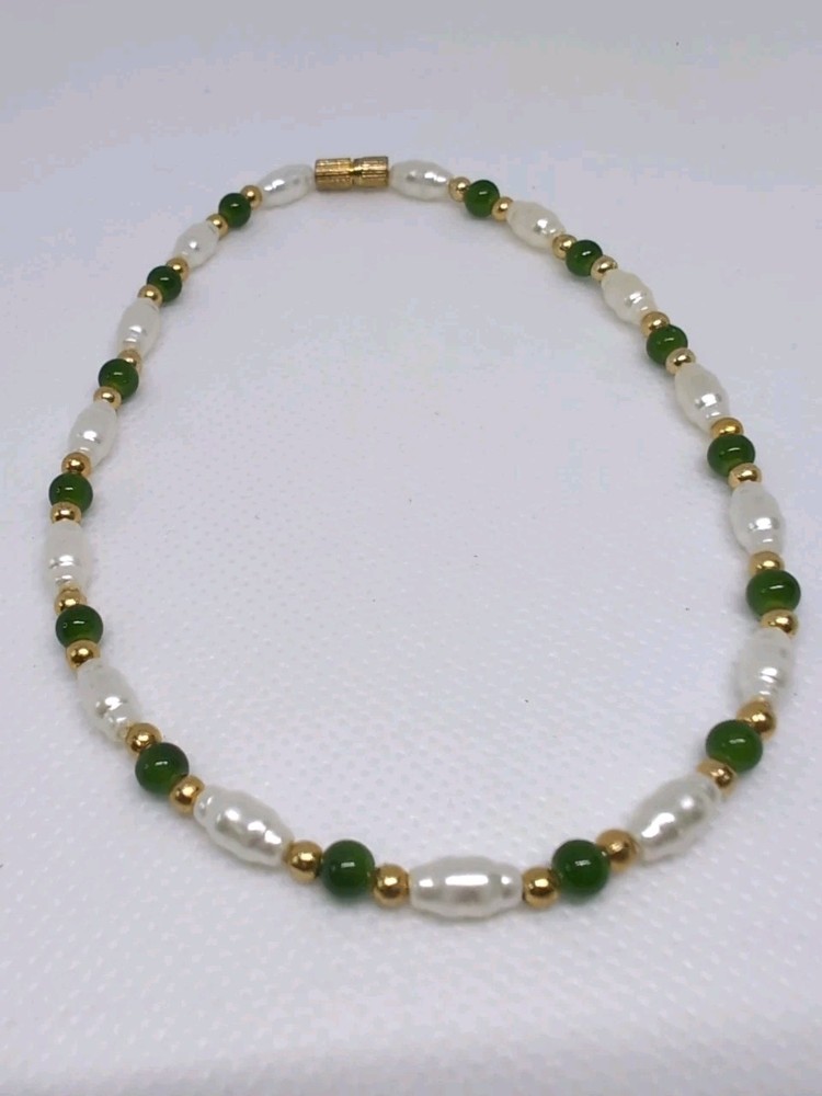 Green Gem Pearl Gold Beaded Ankle Bracelet  