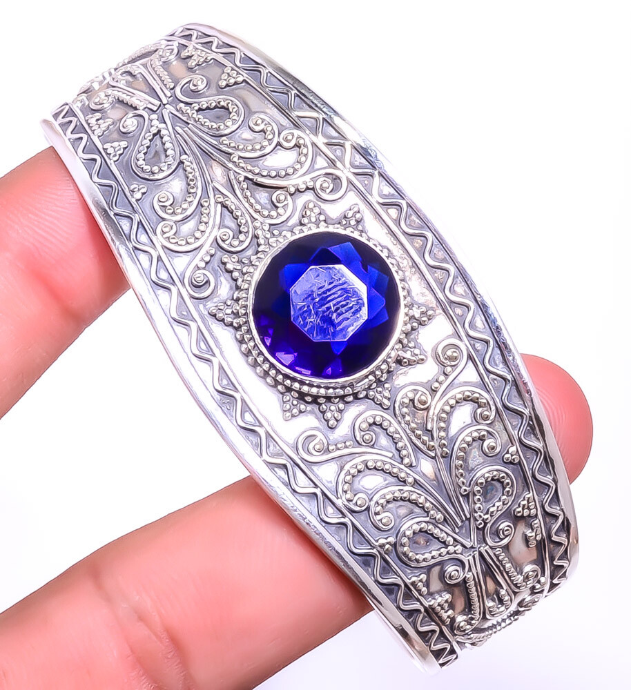 Blue Sapphire (Simulated) 925 Sterling Silver Cuff Adst. C7879-88 A390