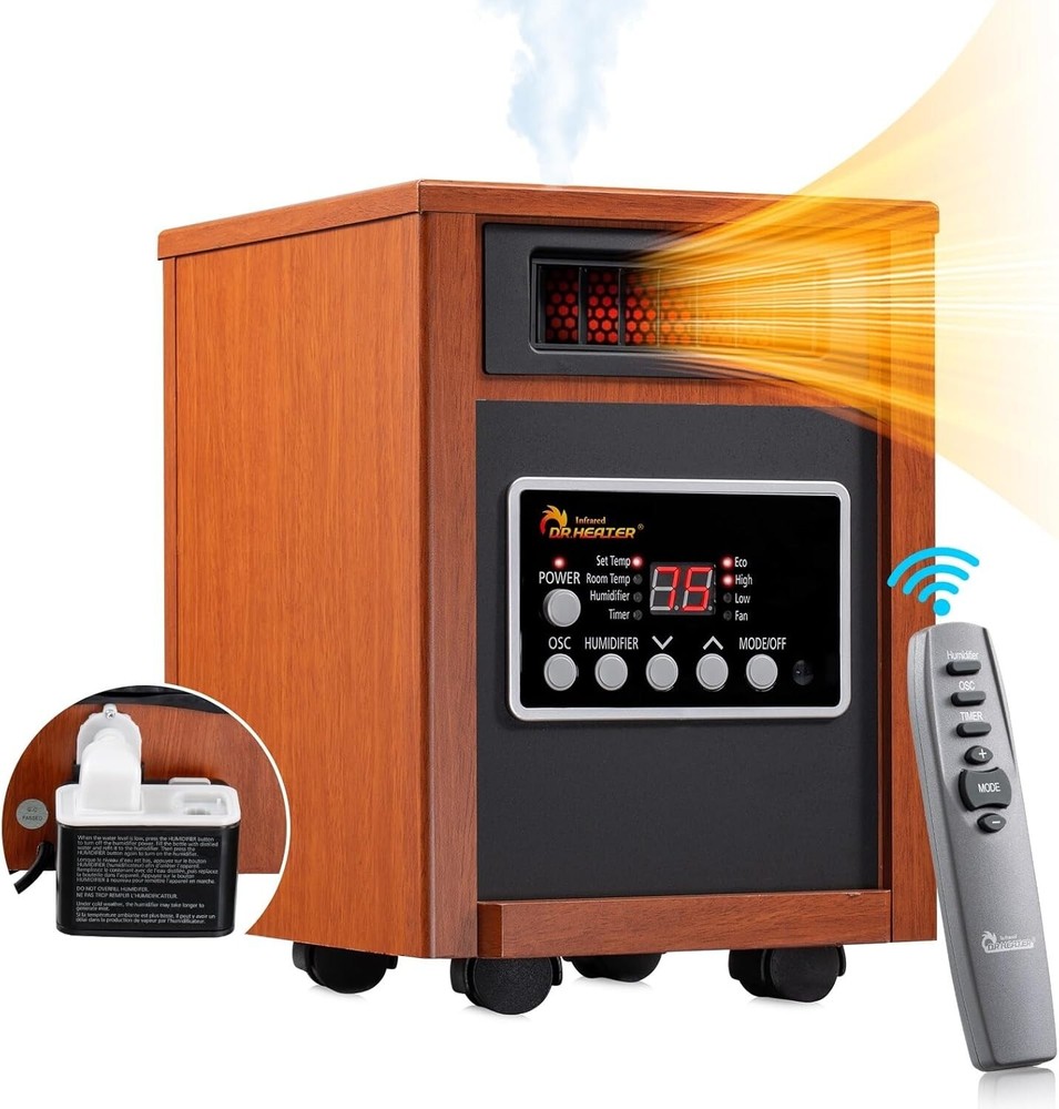Portable 1500W Infrared Space Heater with Remote & Built-in Humidifier - Cherry