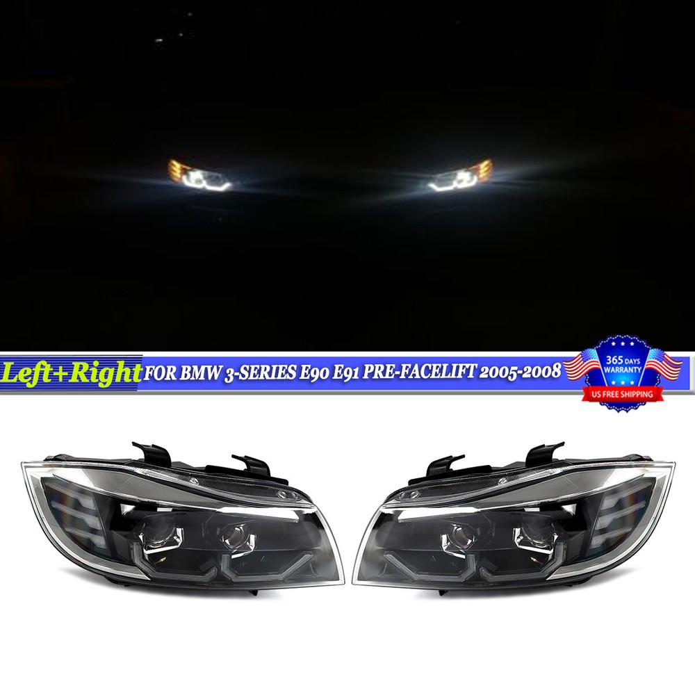 FOR BMW 3-SERIES E90 E91 2005-2008 BLACK FRONT HEADLIGHT LED 3D CRYSTAL U-HALO