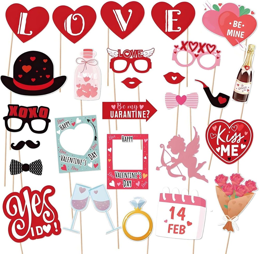 27-Piece Valentine's Day Photo Booth Props Kit in Red