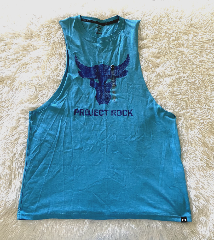 Under Armour Project Rock Mens Loose Fit Tank Top Large Brahma Bull Blue NWT