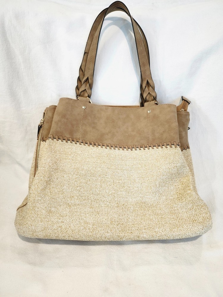 NWOT VEGAN LEATHER AND BURLAP TOTE