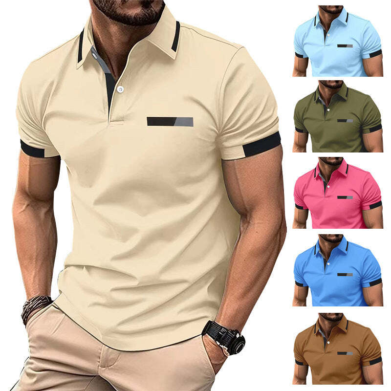 Men's Casual Chest Faux Pocket Lapel Button Business T-shirt