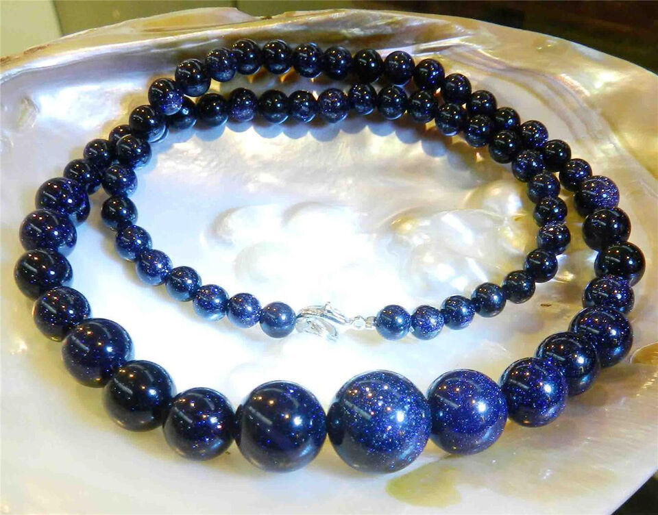 6-14mm Galaxy Staras Blue Sand Sun Sitara Gems Round Beads Necklace 18