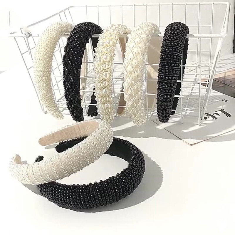 White Black Headband Handmade Beaded Pearl Hair Hoop Baroque Hair Accessories wi